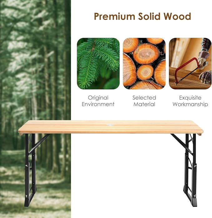 Giantex Folding Picnic Table, 66.5” Outdoor Patio Beer Table with Adjustable Heights, Rectangular Wood Portable Dining Table for Camping, RV, Garden, Party, Backyard, Natural