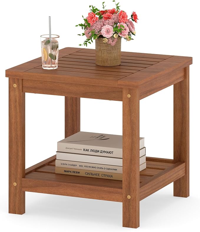 2-Tier Adirondack Side Table, Square Wood Patio End Table with Slatted Tabletop Storage Shelf, Accent Small Side Table Indoor Outdoor for Garden, Backyard, Porch & Living Room