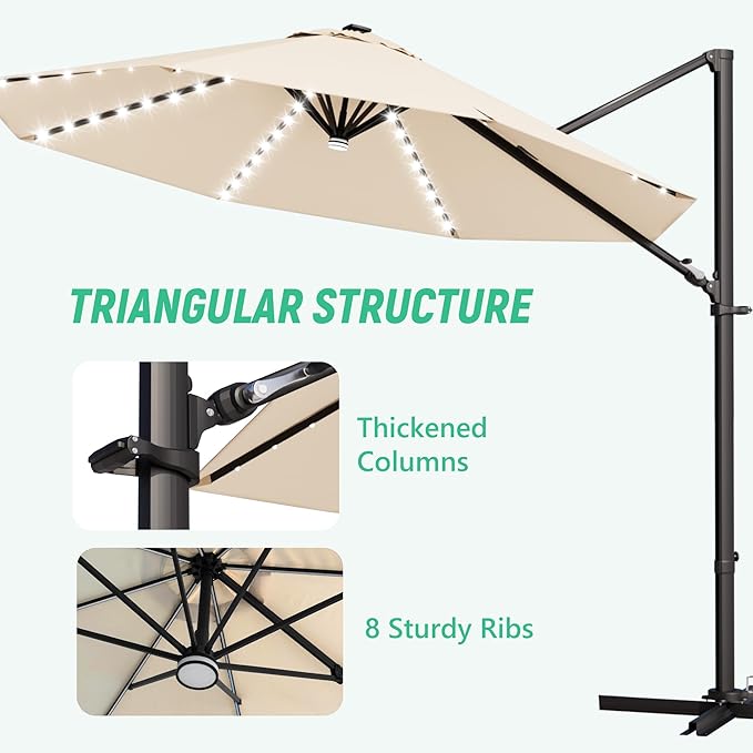 Greesum 10FT Outdoor Patio Umbrella with High Pedel and 4 Gear Heights, Large Offset Umbrella with Solar LED Lights and 360-degree Rotation, Without Base, Hanging Outdoor Shade for Garden, Beige