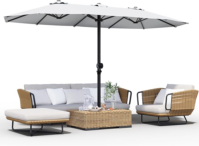 GDPFN 15FT Large Patio Umbrella, Outdoor Deck Standing Umbrella with Crank Handle, Double-Side Rectangular Pool Umbrella for Outside, Market, Patio, Light Gray (Base Not Include)