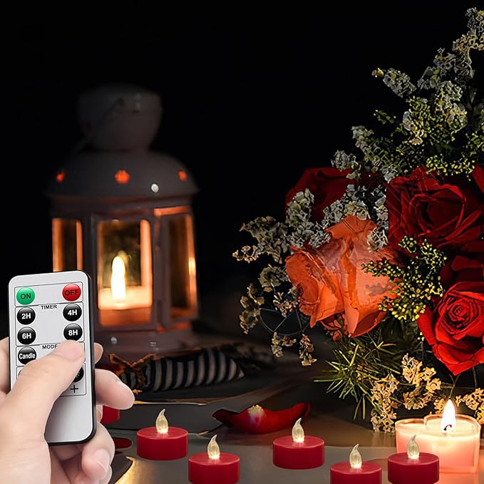 12Pack Remote Control LED Tea Lights Battery Operated Flameless Candles Realistic and Bright Flickering Long Lasting 400 Hours Electric Candles for Christmas Home Party Wedding Decor (Red)