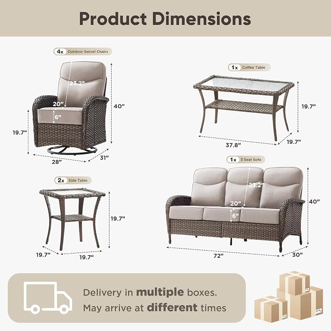 8-Piece Patio Furniture Set with Upgraded 6" Thick Cushion - High Back Outdoor Swivel Rocker Chairs with 3-Seater Sofa, Coffee Table,Wicker Outdoor Conversation Set for Deck, Porch, Yard, Poolside