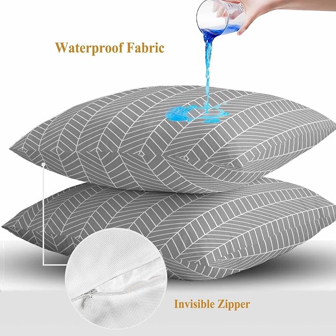 Outdoor Waterproof Throw Pillow Covers Set of 2 Grey Chevron Stripes Pillowcases 24x24 Inches Modern Geometric Texture Decorative Pillows Cushion Case Patio Pillows for Couch Bed Chair Garden