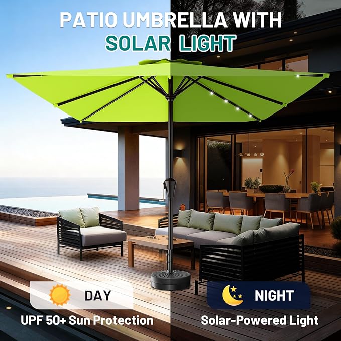 AreShark 8' X 10' Rectangular Patio Umbrella with Solar Lights, Lighted Solar Umbrella with Crank, Outdoor Table Umbrella for Garden, Deck, Backyard, Pool and Beach, Apple Green