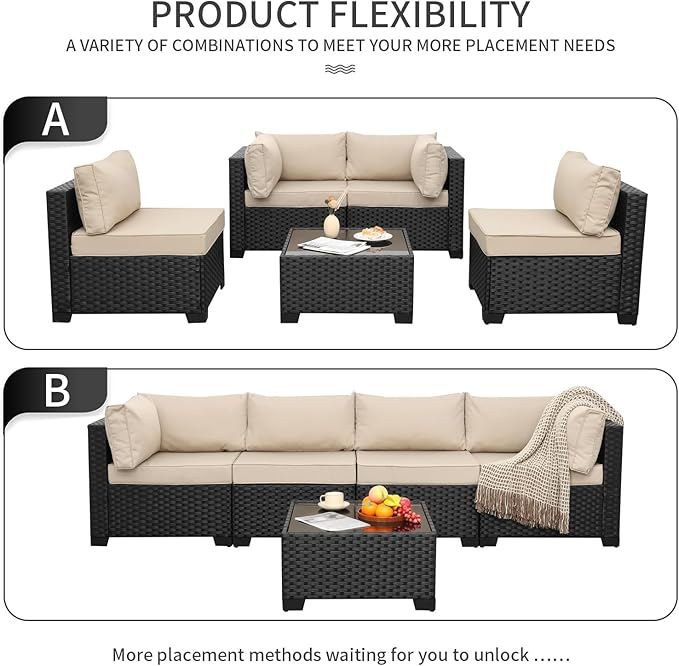 WAROOM Outdoor 5 Piece Patio Furniture Set, Black Rattan Conversation Couch Resin Wicker Sectional Sofa Outside Chair with Coffee Table, Khaki Cushion