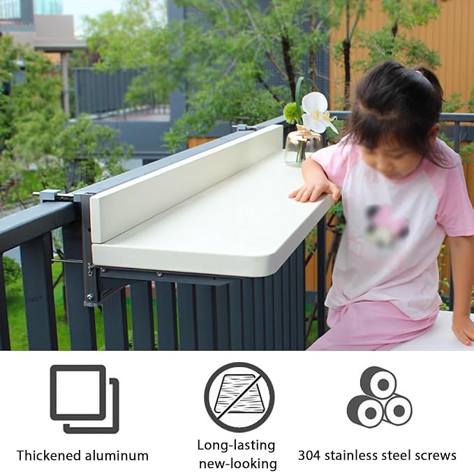 Outdoor Side Tables Rail Hanging Outdoor Folding Balcony Shelf 32 40in Folding Deck Table 5 Height Adjustable Space Saving Floating Better Bench for Patio Indoor Garden(White,39.4x15.7in)