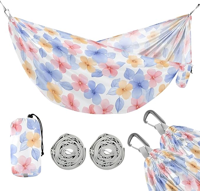 Camping Hammock Outdoor Hammocks for Outside Pink Blue Flower Fresh Beach Trees Portable Lightweight with Pockets Tree Straps Indoor