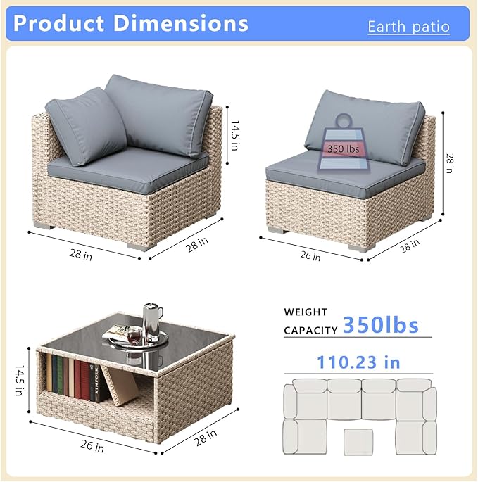 10-Piece Wicker Patio Furniture Set, Outdoor Conversation Set Sectional Sofa with Water Resistant Thick Cushions and Coffee Table, Grey