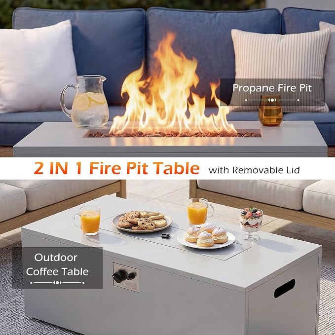 ECOTOUGE 8-Piece Half-Moon Curved Patio Furniture Set with Fire Pit Table, Wicker Rattan Sectional Sofa with Thick Cushions, Outdoor Conversation Set for Backyard Garden No Tank Cover(Blue, Grey)