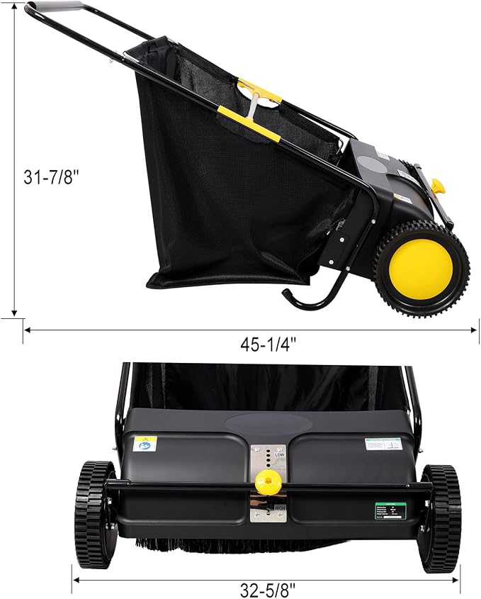 2026 Upgraded 26 Inch Push Lawn Sweeper | 4 Spinning Brushes & Adjustable Height for Deep Cleaning | Large 3.5 cu ft Bag for Leaves, Grass, Debris on Lawns & Driveways (26 Inch,Black)