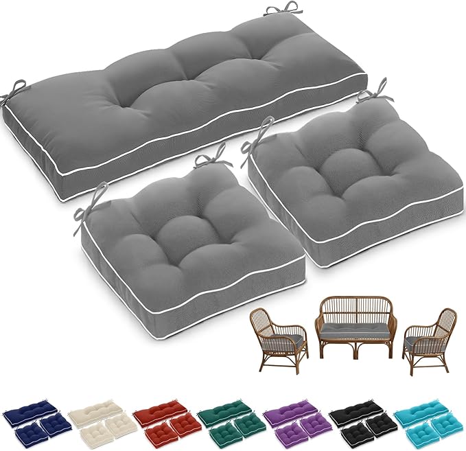 Wenqik 44 x 19 x 4 Inch Outdoor Bench Cushion Set of 3 Waterproof Tufted 1 Patio Loveseat Cushions and 2 Square Chair Seat Pad for Outdoor Furniture Couch Swing Sofa Wicker Settee(Gray)