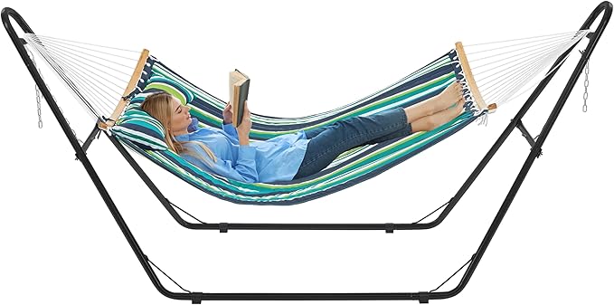 Yaheetech Hammock with Stand Set, Heavy-Duty Double-Pipe Steel Hammock with Frame & Removable Pillow for 2-3 People Outdoor, Porch, Patio, Deck and Backyard, Max.Weight Capacity 475LB - Green Stripe