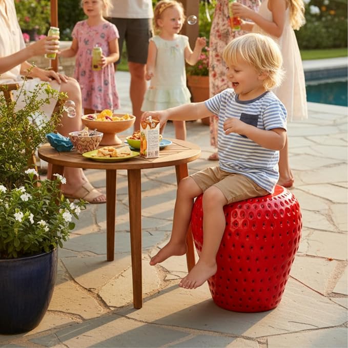 Realistic Fruit Stool, Small Resin Footrest Side Table, Indoor/Outdoor Decorative Plant Seat for Garden, Patio, Playroom, Kids' Room, Weather-Resistant (Strawberry)