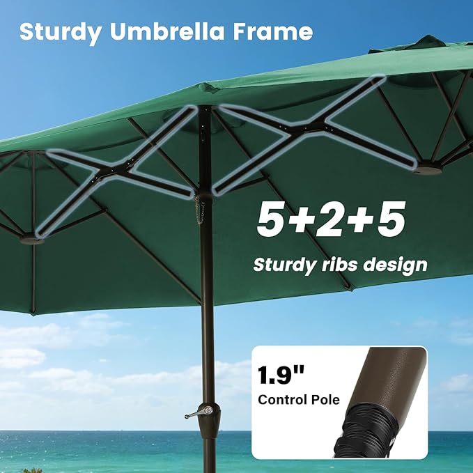 15FT Large Patio Umbrellas with Base Included, Outdoor Double-Sided Rectangle Big Market Umbrella with Stand, Outside Umbrellas for Poolside Lawn Backyard,Green