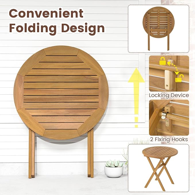 RELAX4LIFE Round Outdoor Folding Table - 26’’ Acacia Wood Patio Bistro Table w/Slatted Tabletop for Indoor Outside Dining Camping, Portable Foldable Wooden Furniture for Garden Backyard Porch (2)