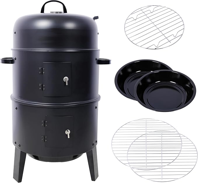 16-Inch Vertical Charcoal Smoker Grill, 3-in-1 BBQ Smoker & Grill with Thermometer, Dual Doors, Adjustable Vents, Portable Outdoor Cooker for Camping & Backyard