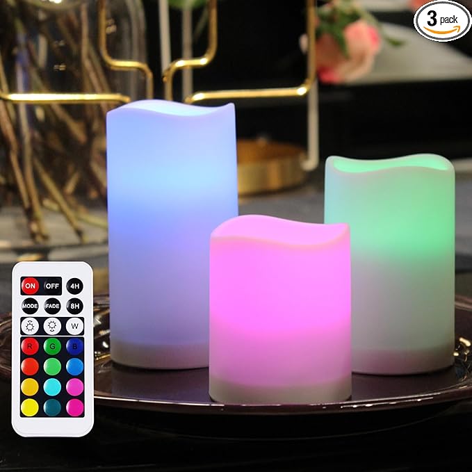 Remote Control flameless LED Candle Light, Outdoor/Indoor Color Changing Plastic Candle, Set of 3 use 3AAA Battery……