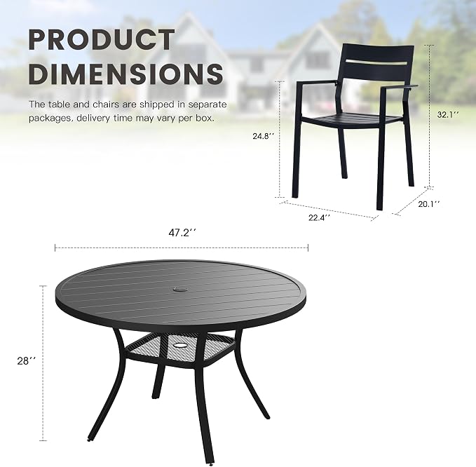 Patio Dining Set for 6, 47.2" Outdoor Dining Table and Chairs Set with Stackable Patio Chairs Outdoor Furniture for Garden Deck Backyard, Black Table and Black Chairs