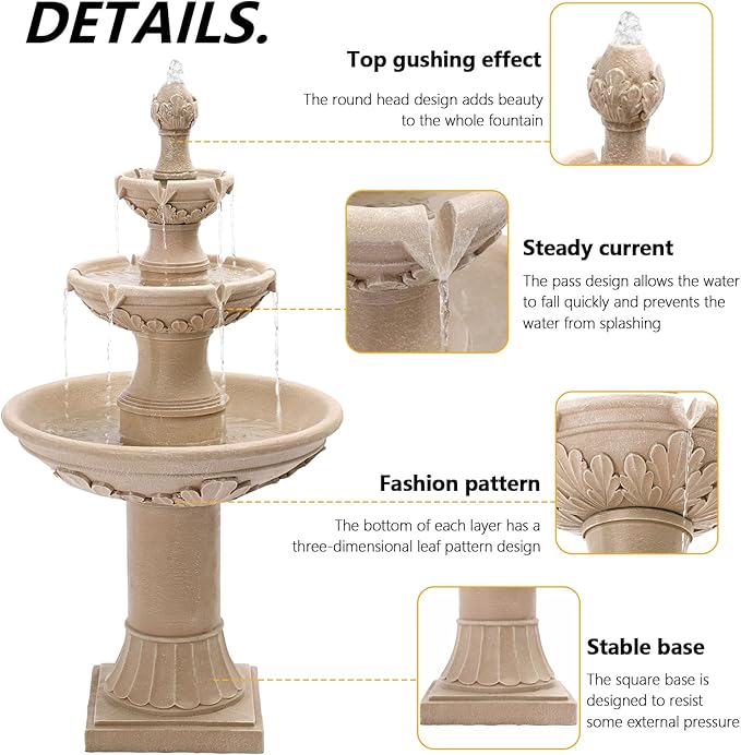 TITIMO 48" High Italian Feature Freestanding Water Fountain Outdoor and Indoor,3-Tier Roman Pillar Waterfalls Fountains for Garden,Patio,Yard,Deck,Backyard,Porch (Natural Tan)