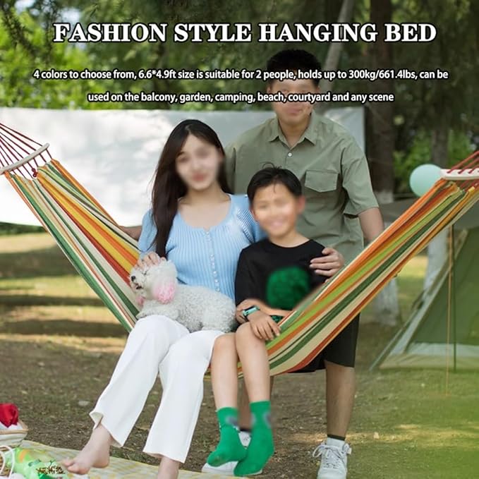 Outdoor Anti-Rollover Double Hammock, Portable Canvas Swing for Beach, Camping Equipment with Storage Bag, Load Bearing 300kg/661.4lbs(Orange)