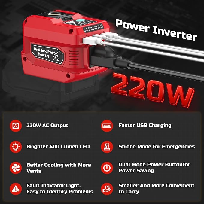 220W Power Inverter Compatible with Milwaukee 18V Battery, DC 18V to AC 110V Portable Power Station Generator with 1 AC Outlet, 2 USB Ports & 1 Type-C Fast Charging, 400LM LED Work Light (2-Pack)