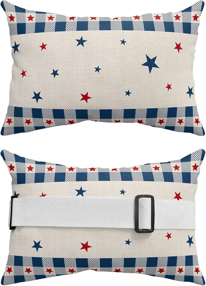Outdoor Pillows Covers with Inserts 4th of July USA Flag Star Patriot Cotton Linen Waterproof Pillow with Adjustable Strap Throw Pillows for Patio Furniture Recliner Lounge Chair, 11x16 inch, 1PCS