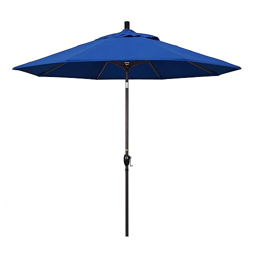 California Umbrella 9' Round Aluminum Patio Umbrella, Crank Lift, Push Button Tilt, Bronze Pole, 4-Year Non-Fading Fabric, Pacifica Blue