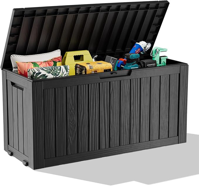 PatioZen 75 Gallon Outdoor Deck Box,Waterproof Resin Outdoor Storage Boxes, Outside Storage Lockable Container for Garden Tools,Indooor Cushions,Accessories (Black)