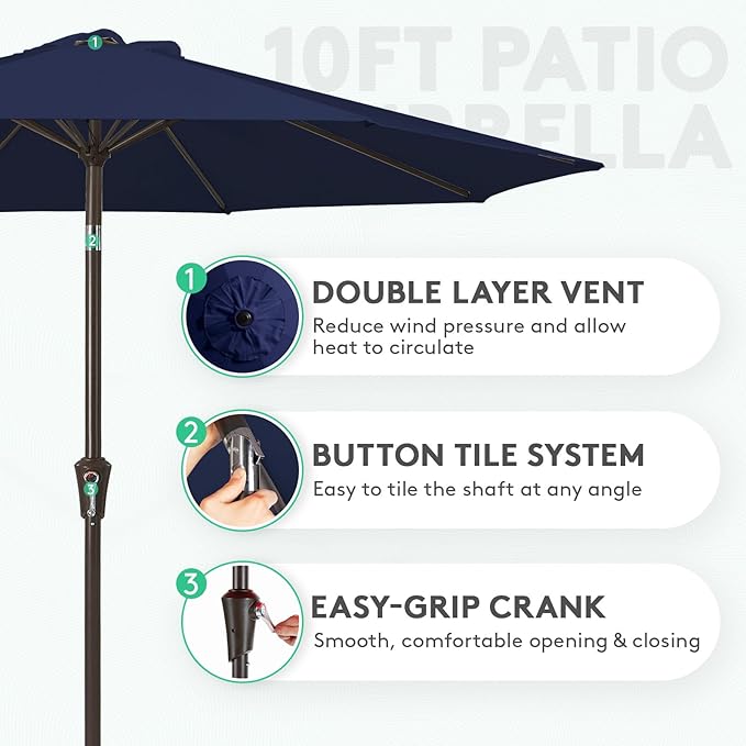 JEAREY 10FT Outdoor Patio Umbrella Outdoor Table Umbrella with Push Button Tilt and Crank, Market Umbrella 8 Sturdy Ribs UV Protection Waterproof for Pool, Garden (Dark Blue)