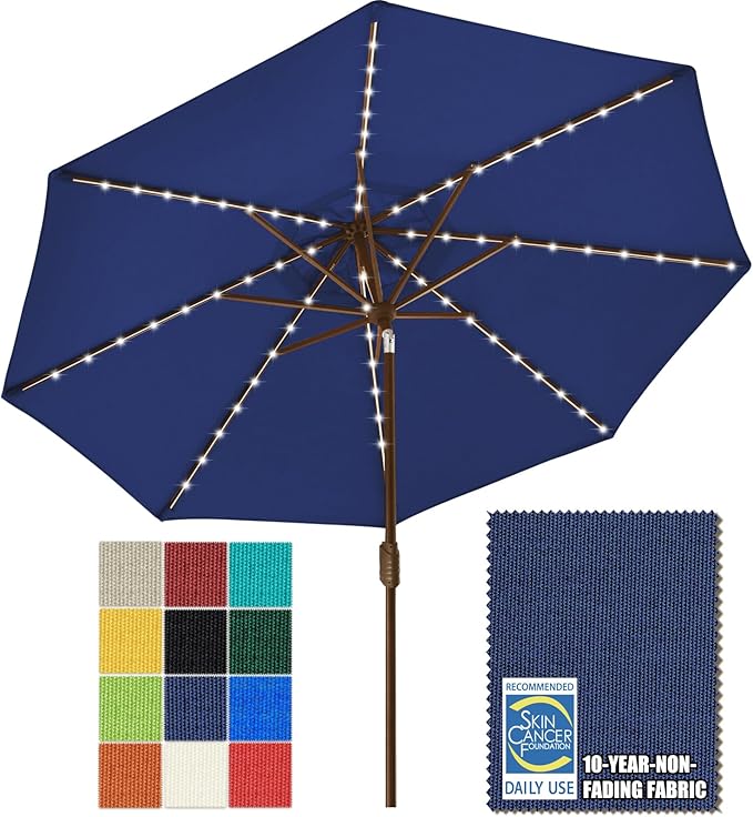 EliteShade USA 10-Year-Non-Fading 9ft Market Patio Umbrella, Commercial Grade Table Sun Umbrella with 80 Solar LED Lights, Crank Open, Windproof & UPF 50+ UV Protection for Garden, Deck, Pool, Backyard, Navy Blue