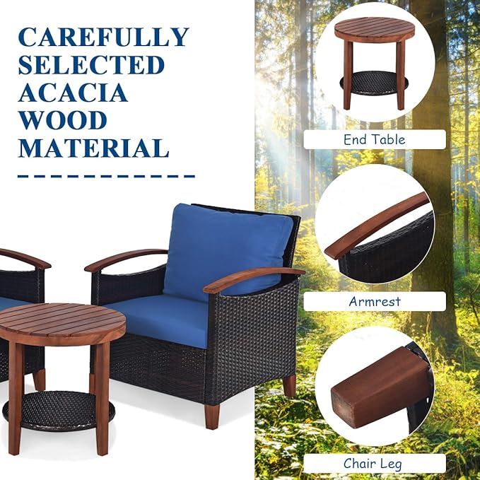 Tangkula 3 Pieces Patio Furniture Set, Outdoor Rattan Sofa and Side Table w/Solid Acacia Wood Frame, High Load Bearing Conversation Bistro Set w/Washable and Removable Cushions (Navy Blue)