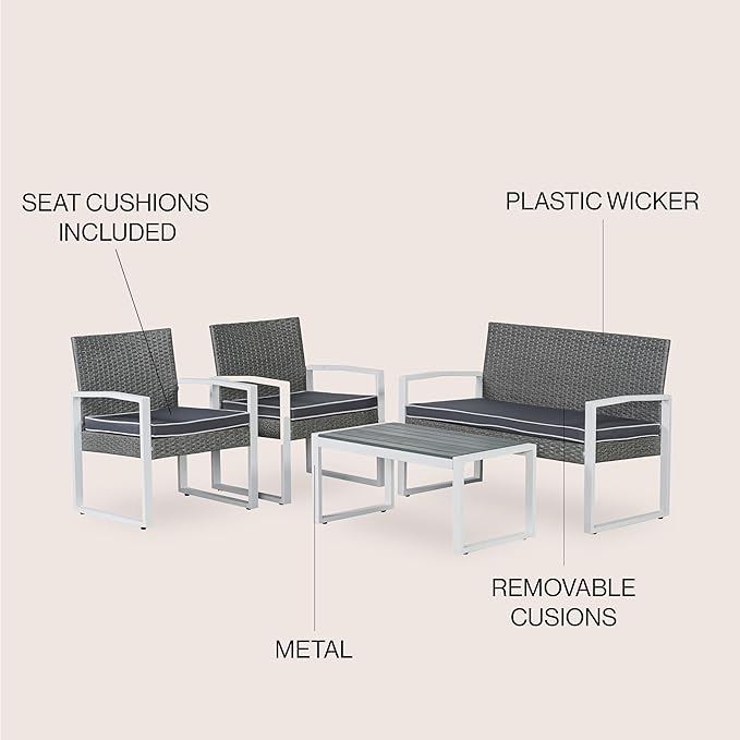 JONATHAN Y LVG1102A-4SET Elina 4-Piece Modern Coastal Faux Wicker Conversation Outdoor Patio Set Mid-Century, Classic, Contemporary, Traditional, Minimalist, White/Gray