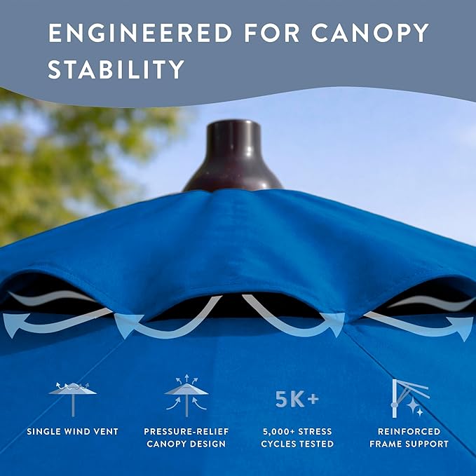 California Umbrella 8-Year Protection 9 Ft Outdoor Patio Umbrella, Solstice Fade-Resistant Fabric, Auto-Tilt, Heavy Duty Aluminum Frame, 8 Reinforced Ribs for Pool or Deck, Bronze Pole, Royal Blue