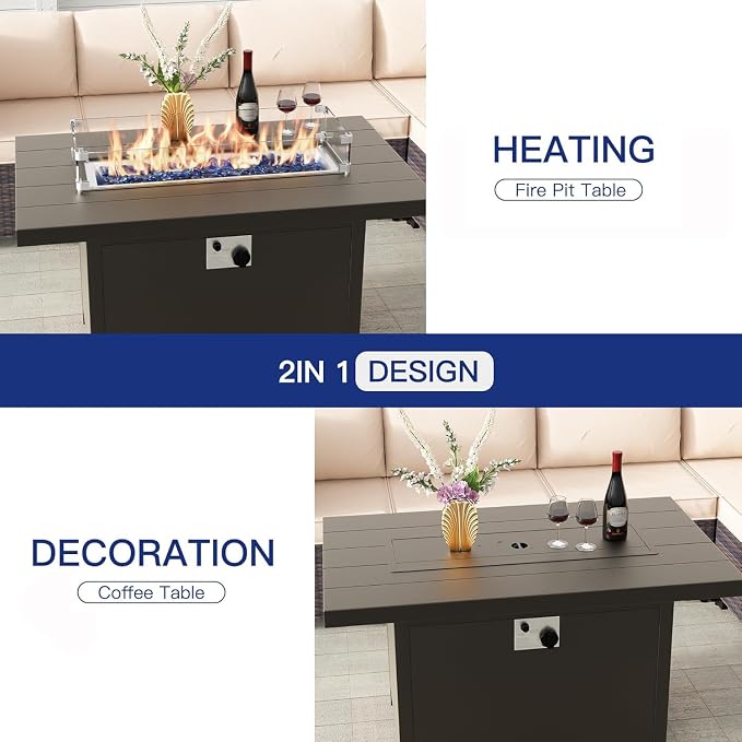 Aluminum Outdoor Patio Furniture Set,6 Pieces 5 Seats Metal Patio Sectional Furniture Set with 45" Propane Fire Pit Table,Patio Conversation Sets with 2 Ottomans,Navy Blue