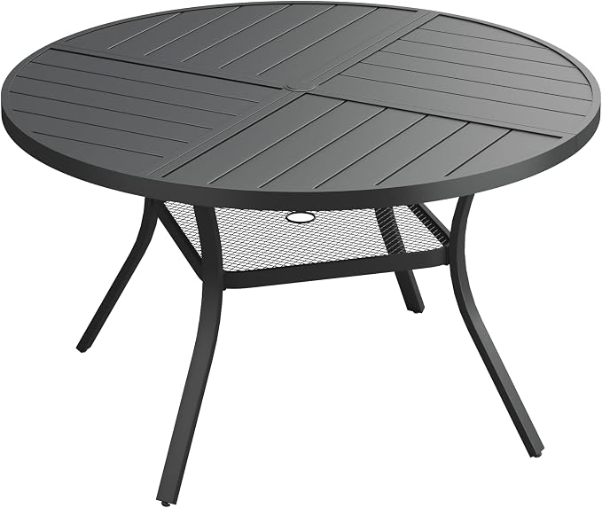 VICLLAX 47.2" Round Patio Dining Table for 4-6, All Weather Metal Outdoor Table with 1.57" Umbrella Hole and Storage Shelf for Garden Lawn Deck, Black