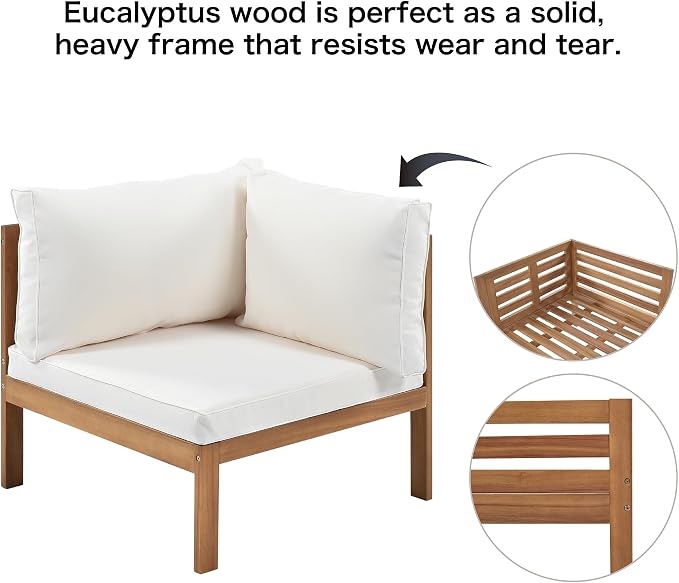 Outdoor Patio Conversation Furniture Set, Acacia Wood Sectional Sofa Set with Coffee Table, 4 Piece Outdoor Sofa Set with Two-person Sofa and Corner Sofa for Backyard (Natural log+Beige Cushions)
