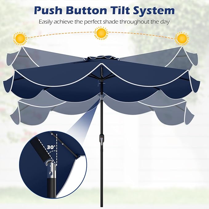 Tangkula 9 FT Solar Patio Umbrella, 2-Tiers Outdoor Scalloped Table Umbrella with 24 LED Lights, Tilt Adjustment, Crank, 8 Ribs for Market Backyard Pool Deck Beach Lawn