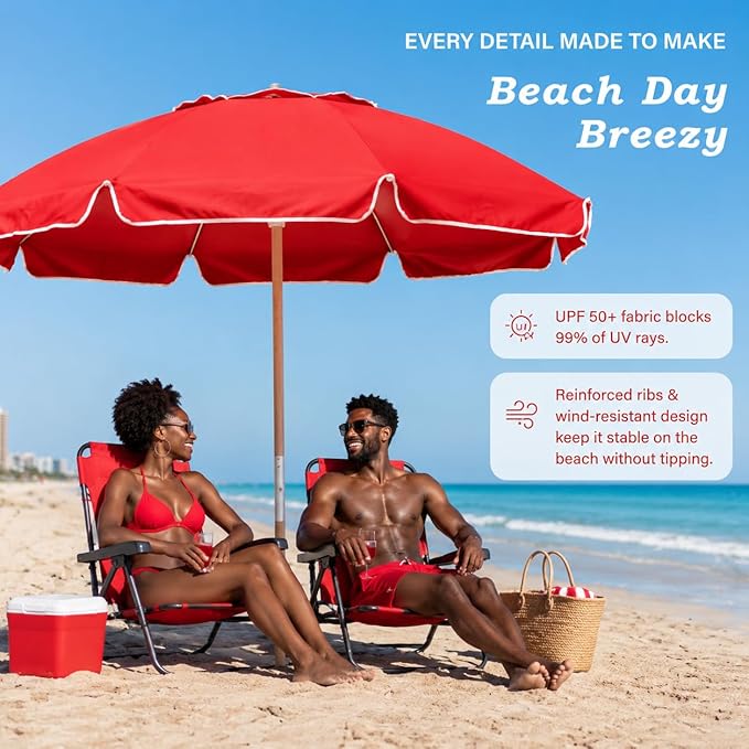 7.5FT Heavy Duty Beach Umbrella with Air Vent, Wood-Look Pole, Carry Bag, UPF50+ Superior Sun Protection, Blue Version