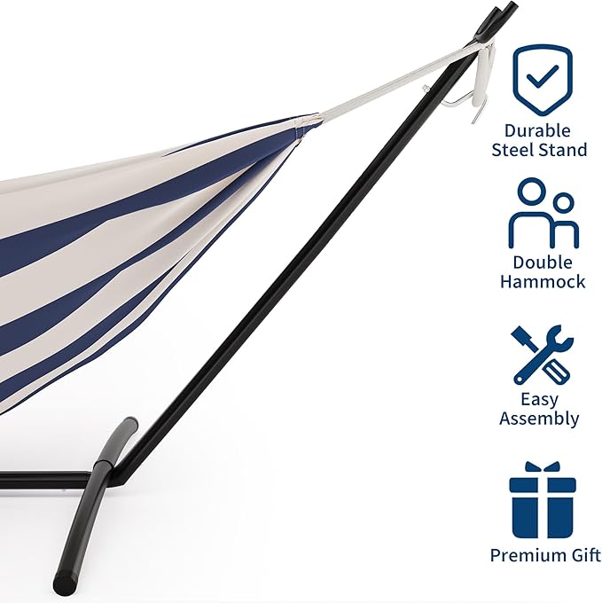 Heavy Duty Double Cotton Hammock with Steel Stand – 2 Person Brazilian-Style, 450lbs Capacity, Portable Indoor Outdoor Lounger with Carry Bag, Backyard, Balcony, Camping, Blue and White