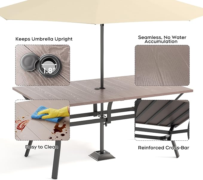 63" x 37.8" Patio Outdoor Dining Table, Wood-Grain Metal Table with Umbrella Hole, All-Weather Dining Table for Party, Lawn & Garden
