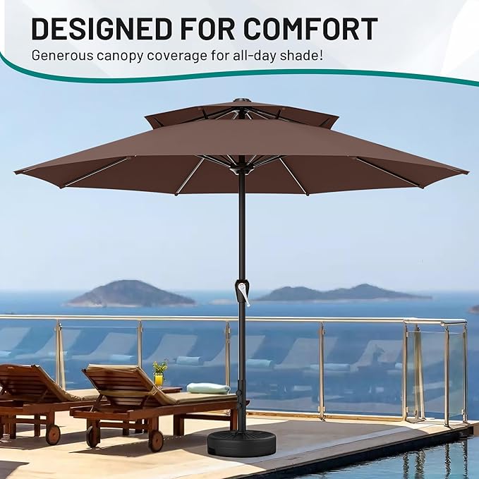AreShark 12ft 2 Tiers Patio Umbrella - Outdoor Umbrella Waterproof UV Protection, Market Table Umbrella w/ 8 Sturdy Ribs&Crank for Pool, Porch, Garden(Dark Brown)