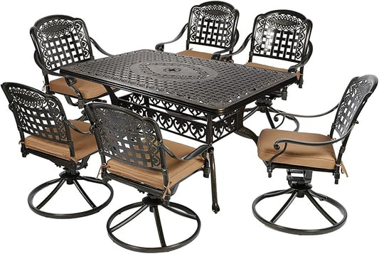 VIVIJASON 7-Piece Outdoor Furniture Dining Set, All-Weather Cast Aluminum Patio Conversation Set, Include 6 Swivel Dining Chairs and a Rectangle Table with Umbrella Hole for Lawn Garden Backyard