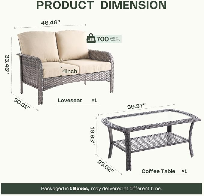 2-Piece Patio Furniture Set, Outdoor Wicker Furniture with Coffee Table, All Weather High Back Loveseat Patio Chairs, Modern Rattan Outdoor Chairs Conversation Set for Porch, Balcony, Garden,Beige