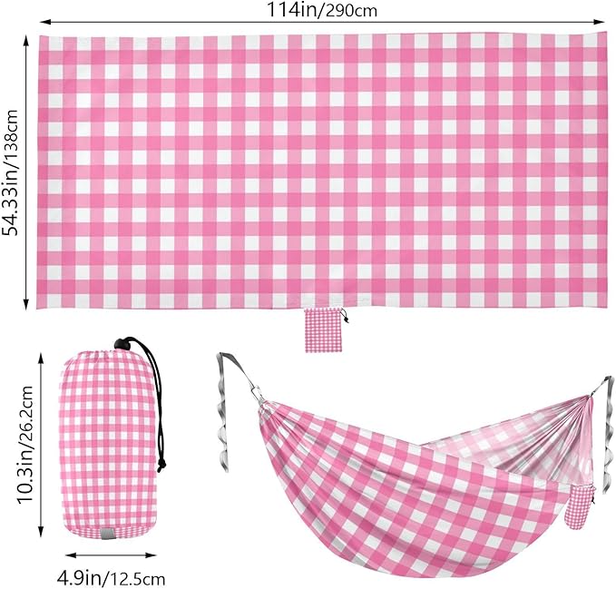 Pink and White Grid 330lb Capacity Camping Hammock with Hanging Rope Hanging Hammock for Camping & Hiking Essential accesorios para campamento