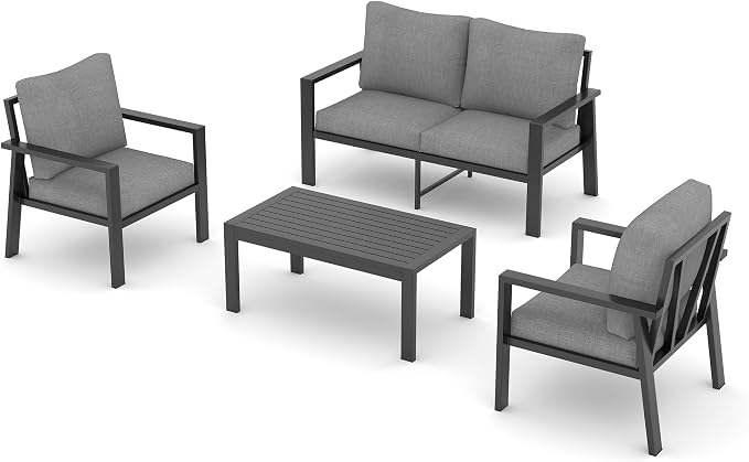 UDPATIO Aluminum Outdoor Patio Furniture Set 4-Seat Metal Patio Conversation Sets with Coffee Table and Water-Resistant Cushions, Modern Patio Sectional Sofa for Porch, Deck, Backyard, Poolside