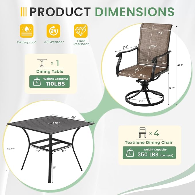 LVUYOYO 5-Piece Outdoor Patio Dining Set, Textilene Swivel Chairs & Square Table Set, All-Weather Table and Chairs Set with Umbrella Hole for Backyard, Garden,Balcony,Porch (Brown)