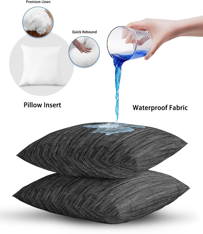 Outdoor Waterproof Throw Pillows 16x16in, Minimalist Obsidian Black Patio Pillows Pack of 2,Decorative Pillow Covers with Insert,Pillow Cushion Case for Garden Couch Sofa Vintage Linen Weave Textured