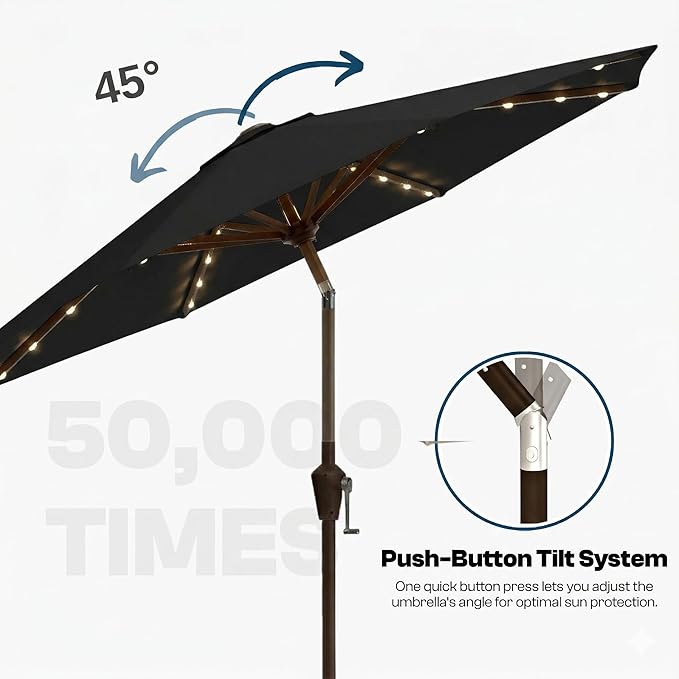 10FT Solar Lighted Patio Umbrella, Outdoor Table Market Umbrellas with Push Button Tilt and Crank, 32 LED Lights, 8 Sturdy Ribs, UV-Resistant for Deck, Garden, Pool