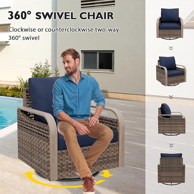 EAGLE PEAK Modern Wicker Outdoor Patio Furniture Set, Patio Conversation Set, 2 Swivel Rocking Chairs, 2-Seat Loveseat, Coffee Table and Side Table, 5 Pieces, Brown/Blue