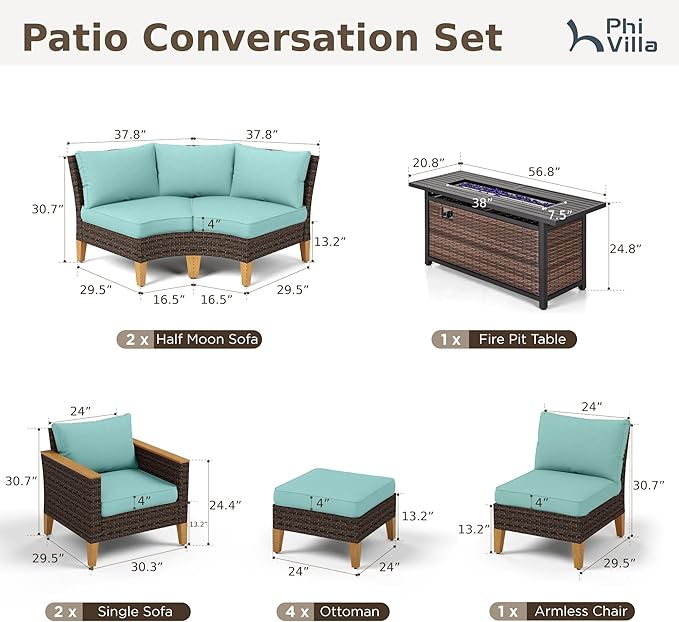 PHI VILLA Half-Moon Patio Furniture Set with 56" Fire Pit Table, Wicker Outdoor Curved Sectional Sofa with Cushions, Ottomans, Large Conversation Seating for Garden or Backyard, Aqua Blue